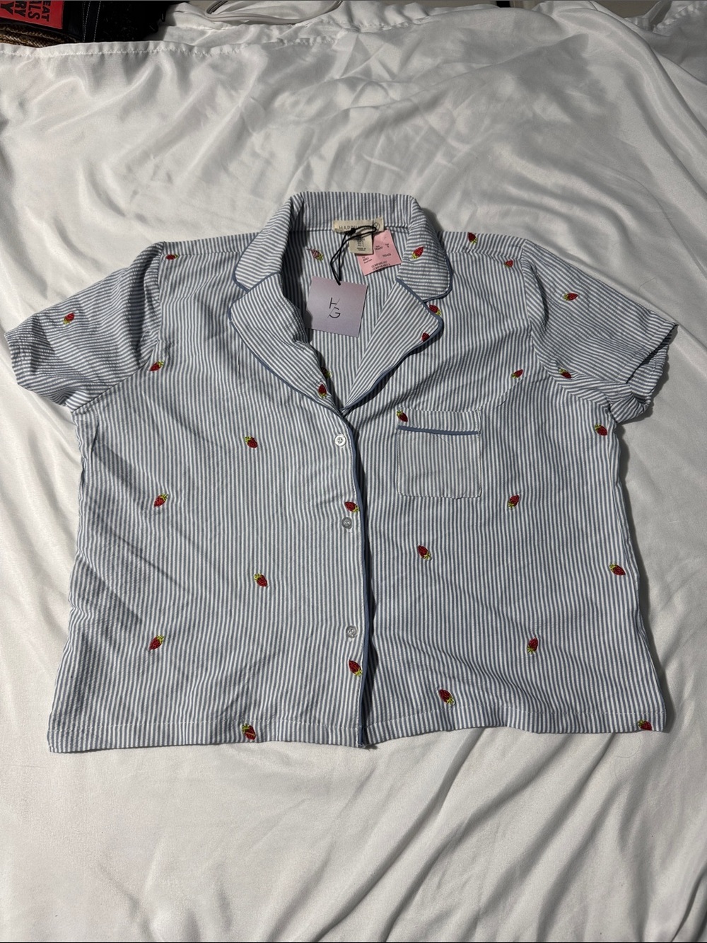 Happily Grey Embroidered Strawberry Stripe Button-Up Shirt Large NWT Boxy Chic
